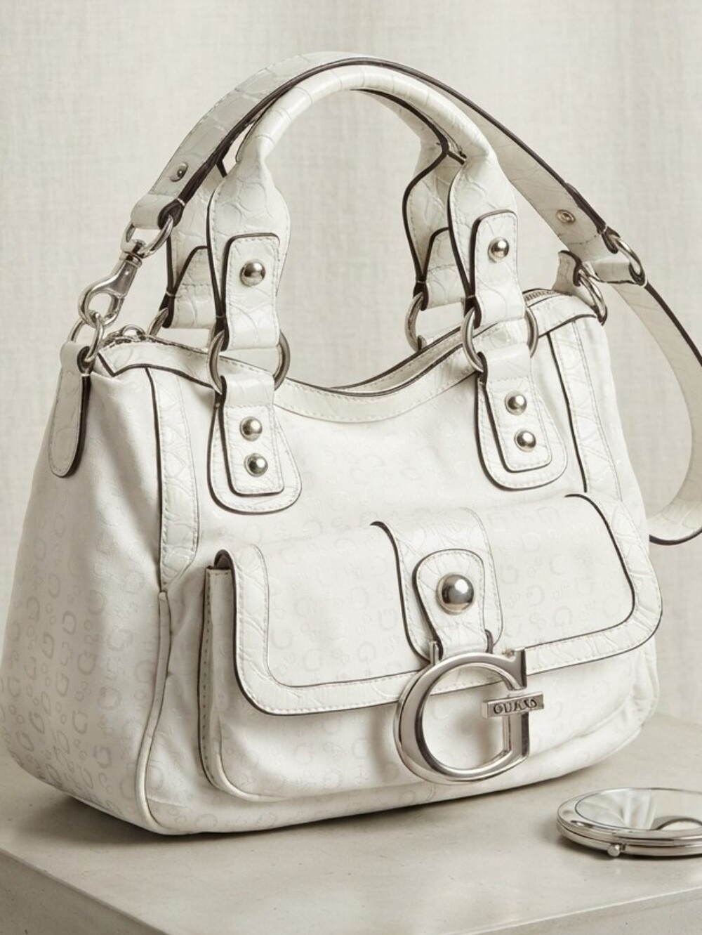 Guess White Monogram Croc Trim Large G Logo Satchel Shoulder Bag